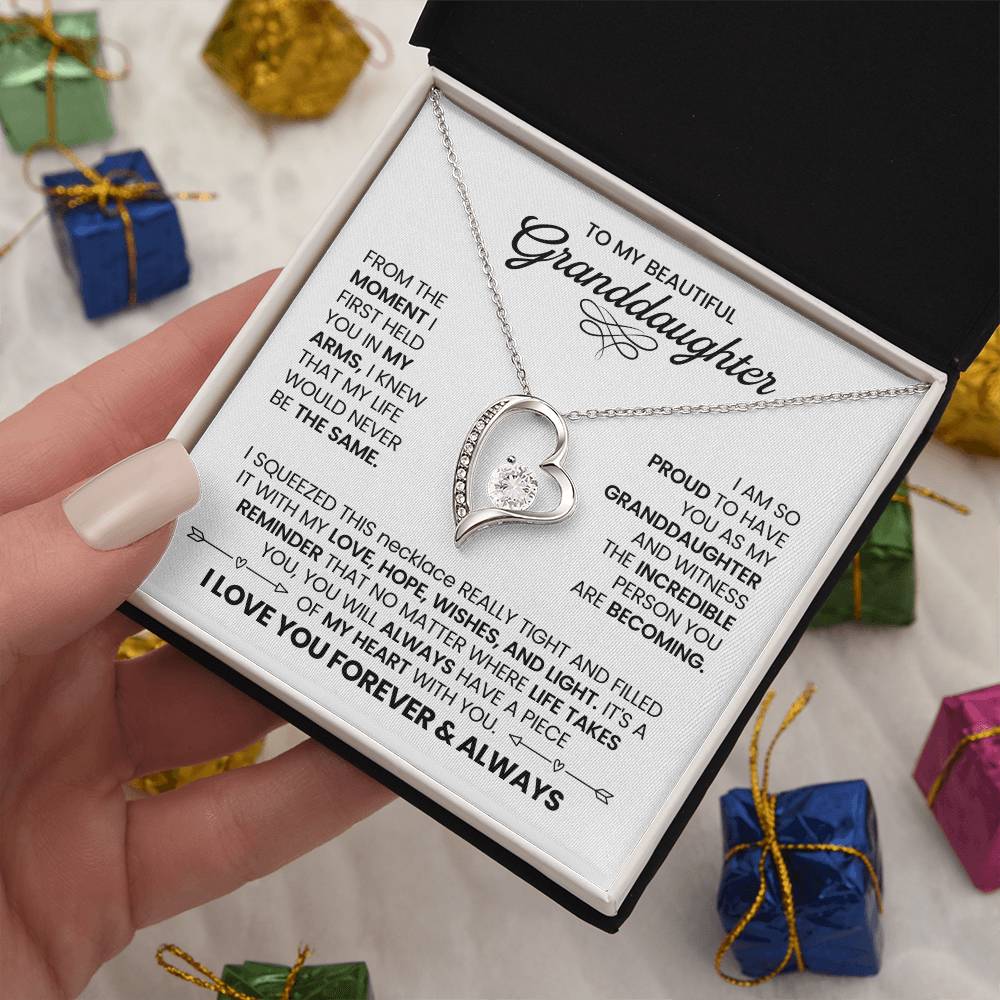 To My Beautiful Granddaughter Necklace – Heart Pendant with Lavender Message Card – Grandmother Gift of Love, Pride & Encouragement
