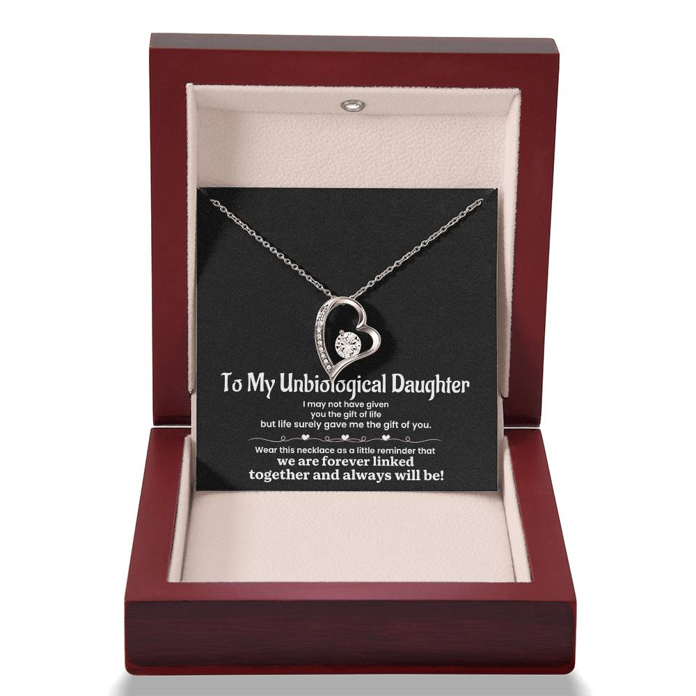 To My Unbiological Daughter Necklace – Heart Pendant with Sentimental Message Card – Bonus Daughter Gift from Stepmom, Godmother, or Adoptive Mom – Forever Linked