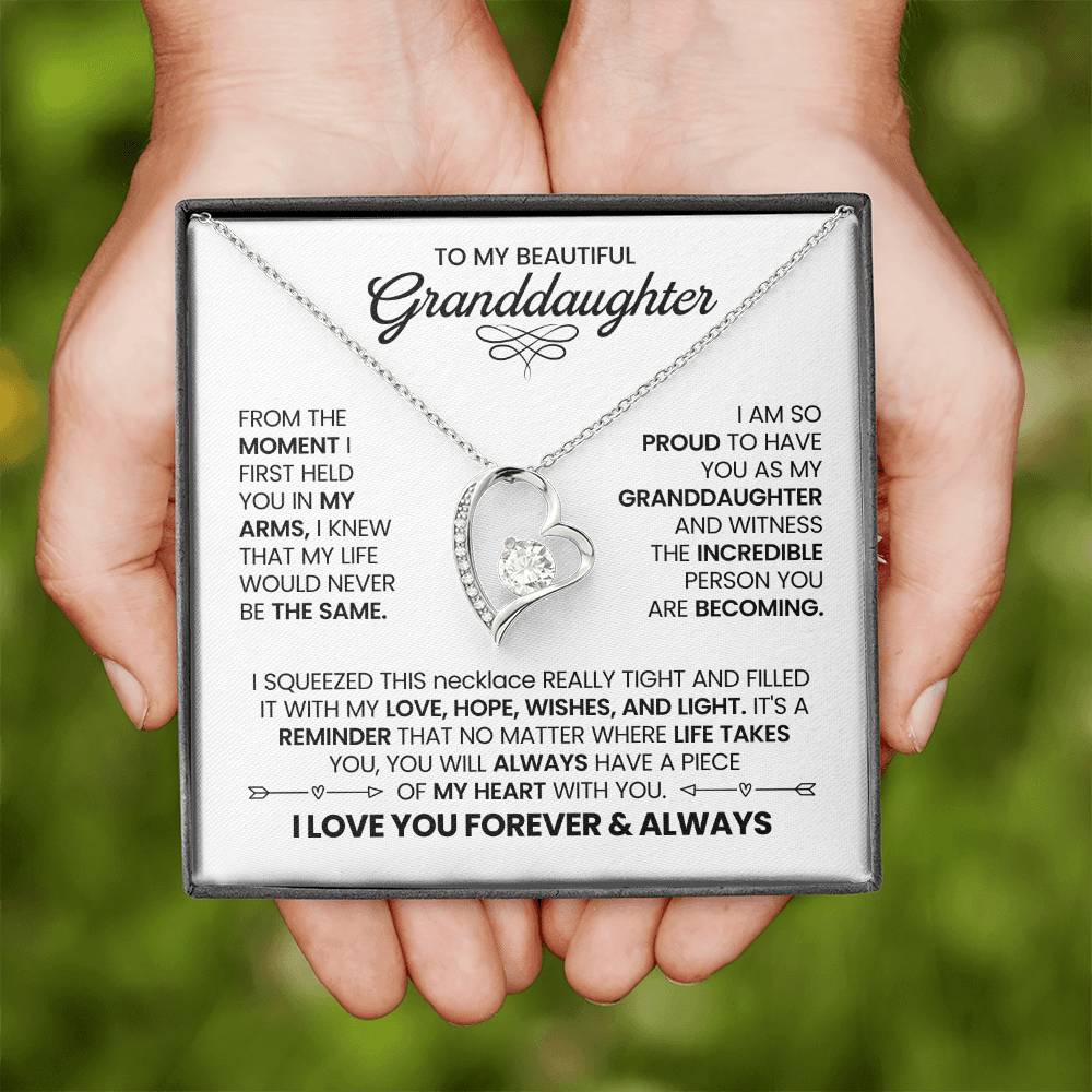 To My Beautiful Granddaughter Necklace – Heart Pendant with Lavender Message Card – Grandmother Gift of Love, Pride & Encouragement