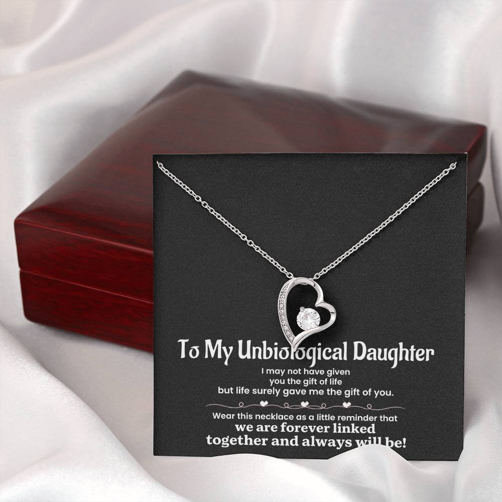 To My Unbiological Daughter Necklace – Heart Pendant with Sentimental Message Card – Bonus Daughter Gift from Stepmom, Godmother, or Adoptive Mom – Forever Linked