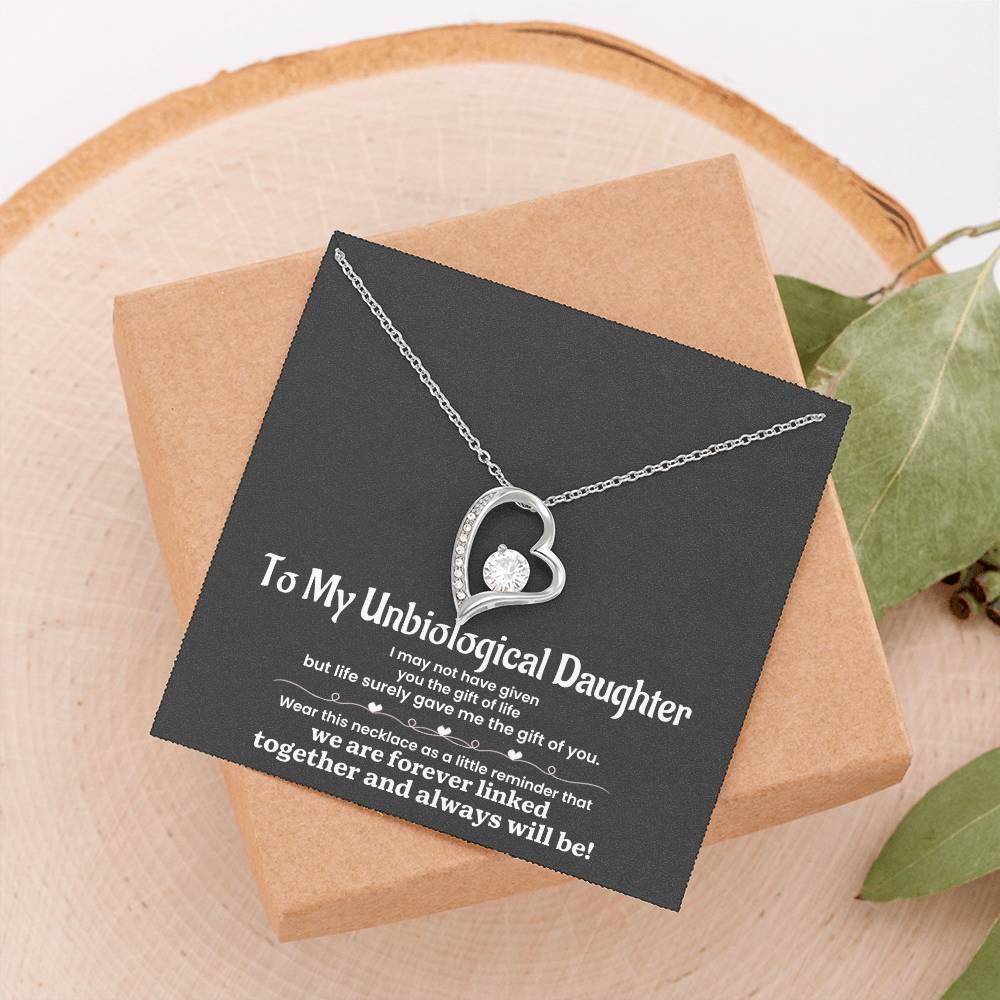 To My Unbiological Daughter Necklace – Heart Pendant with Sentimental Message Card – Bonus Daughter Gift from Stepmom, Godmother, or Adoptive Mom – Forever Linked