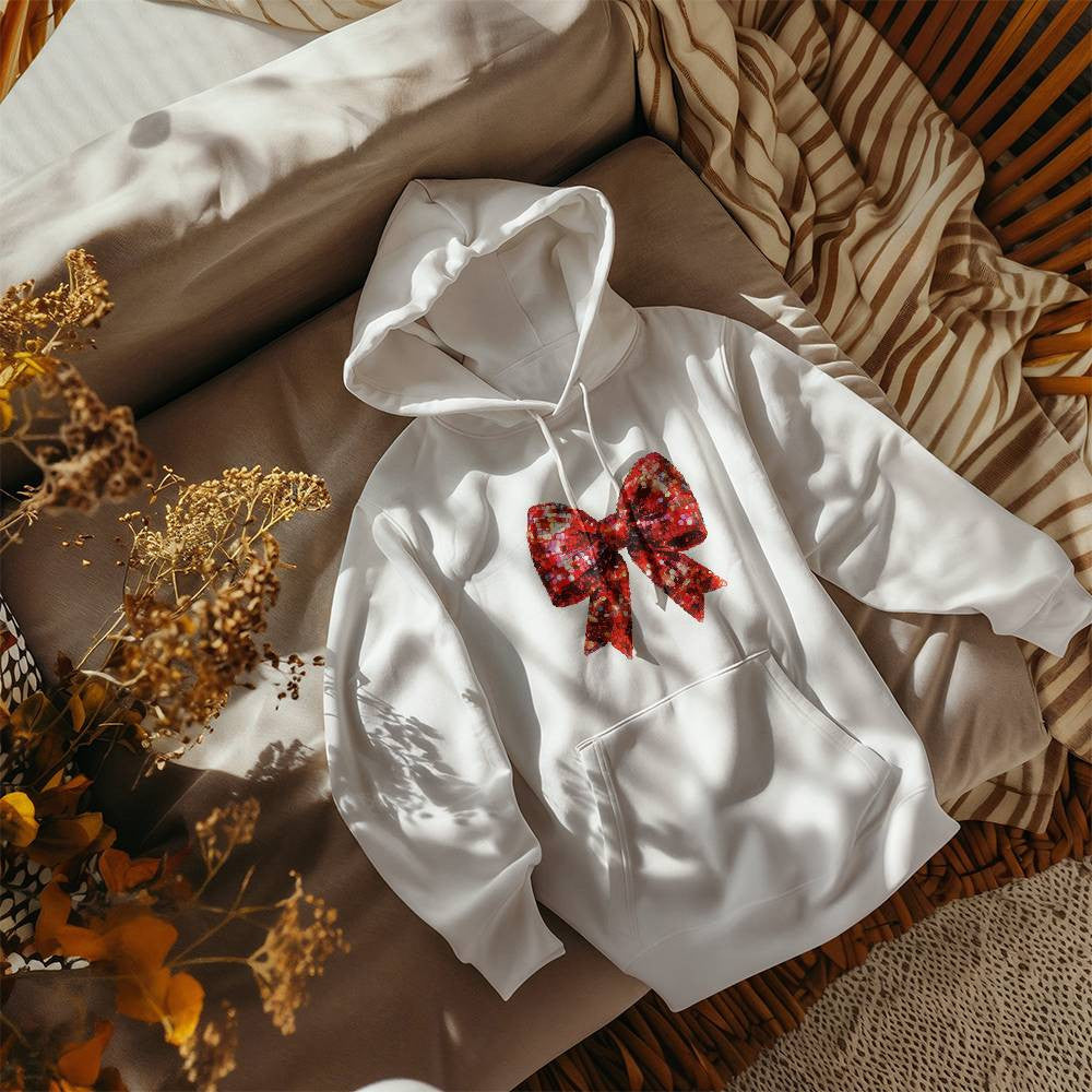 Red Glitter Bow Christmas Sweatshirt, Holiday Sweatshirt, Festive Christmas Apparel, Sparkling Bow Sweatshirt, Xmas Gift Idea