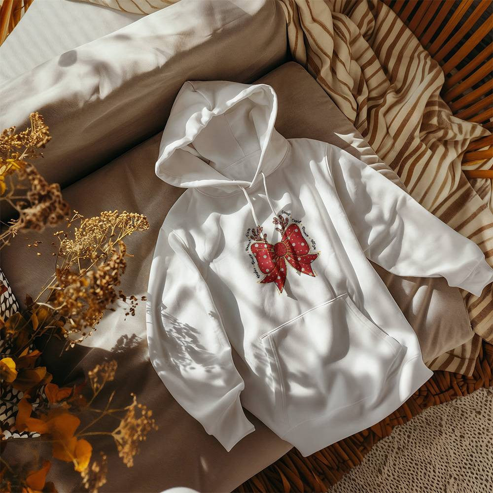 Festive Reindeer Bow Sweatshirt, Holiday Season Cozy Wear, Christmas Red Dot Bow, Warm Winter Casual Outfit, Gift Idea