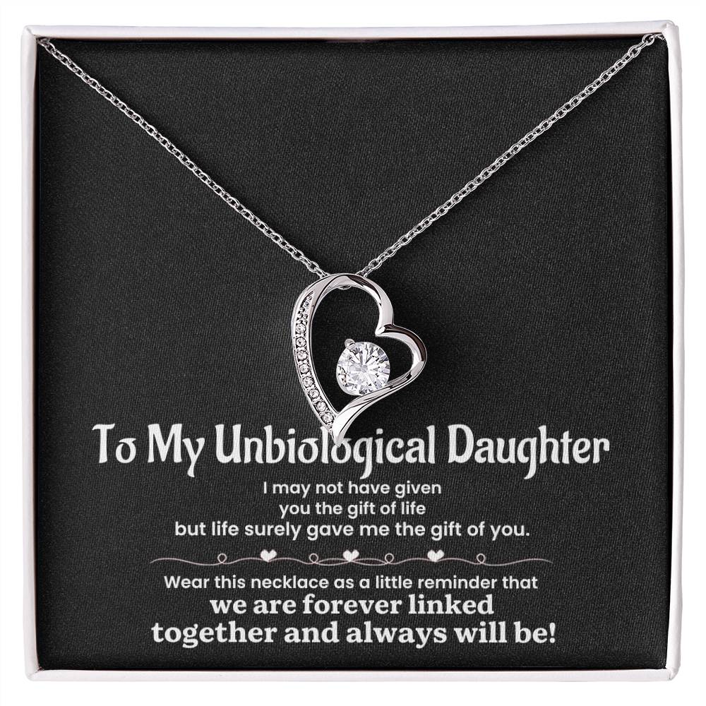 To My Unbiological Daughter Necklace – Heart Pendant with Sentimental Message Card – Bonus Daughter Gift from Stepmom, Godmother, or Adoptive Mom – Forever Linked