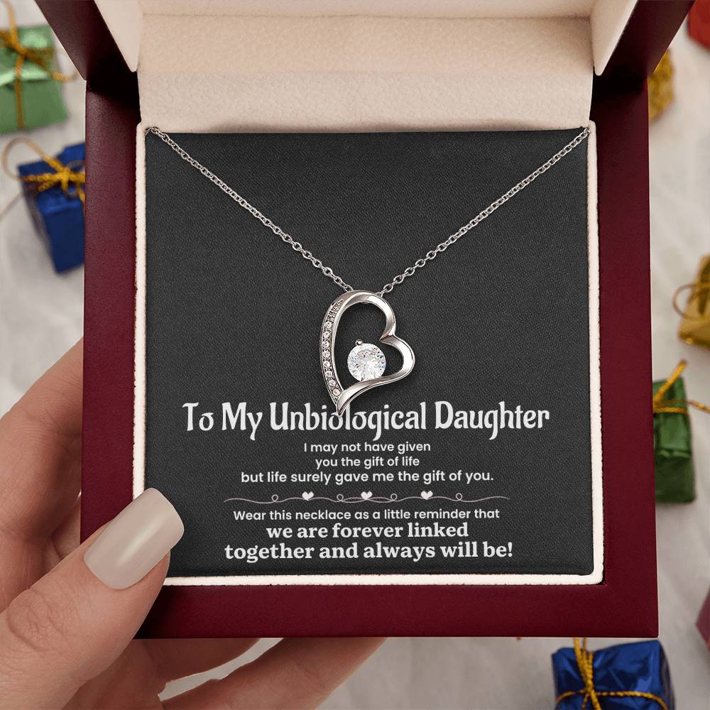 To My Unbiological Daughter Necklace – Heart Pendant with Sentimental Message Card – Bonus Daughter Gift from Stepmom, Godmother, or Adoptive Mom – Forever Linked