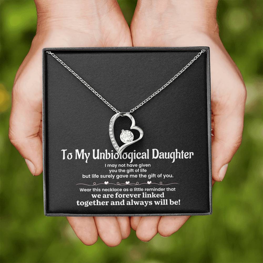 To My Unbiological Daughter Necklace – Heart Pendant with Sentimental Message Card – Bonus Daughter Gift from Stepmom, Godmother, or Adoptive Mom – Forever Linked