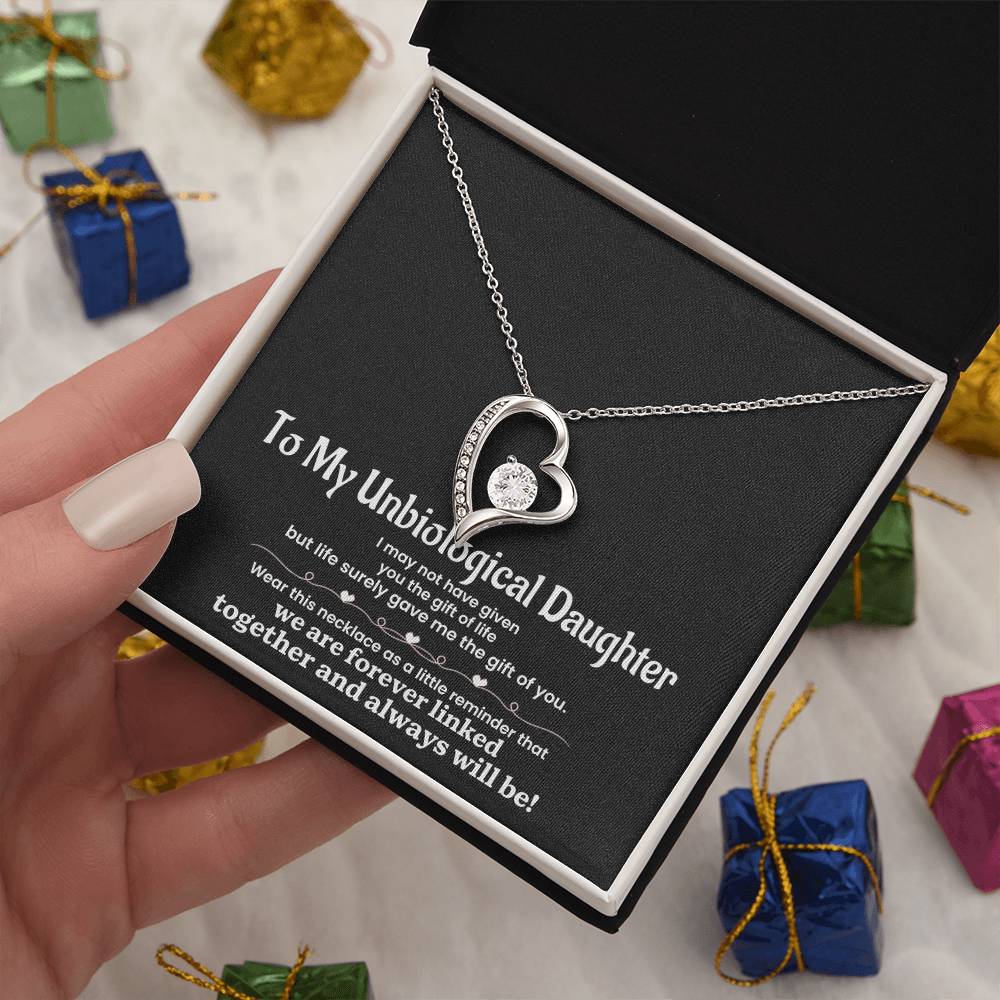 To My Unbiological Daughter Necklace – Heart Pendant with Sentimental Message Card – Bonus Daughter Gift from Stepmom, Godmother, or Adoptive Mom – Forever Linked
