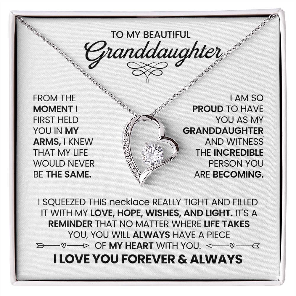 To My Beautiful Granddaughter Necklace – Heart Pendant with Lavender Message Card – Grandmother Gift of Love, Pride & Encouragement